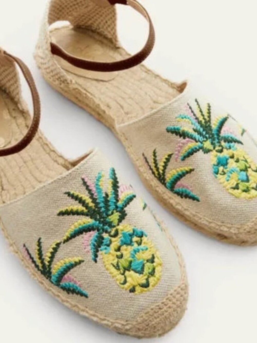 Boden Peggy Pineapple Embroidered Espadrille Sandals with Tan Strap 41